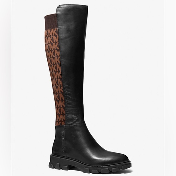 Micheal Kors | Ridley Leather and Logo Jacquard Knee Boot - Picture 1 of 3